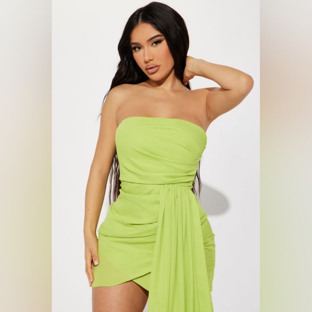 Strapless Lime Green Draped Mini Dress